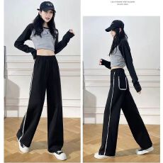 批发黑色美式蕾丝边休闲运动裤女春<b class='q'>秋</b>季高腰直筒阔腿卫裤设计感舞蹈裤