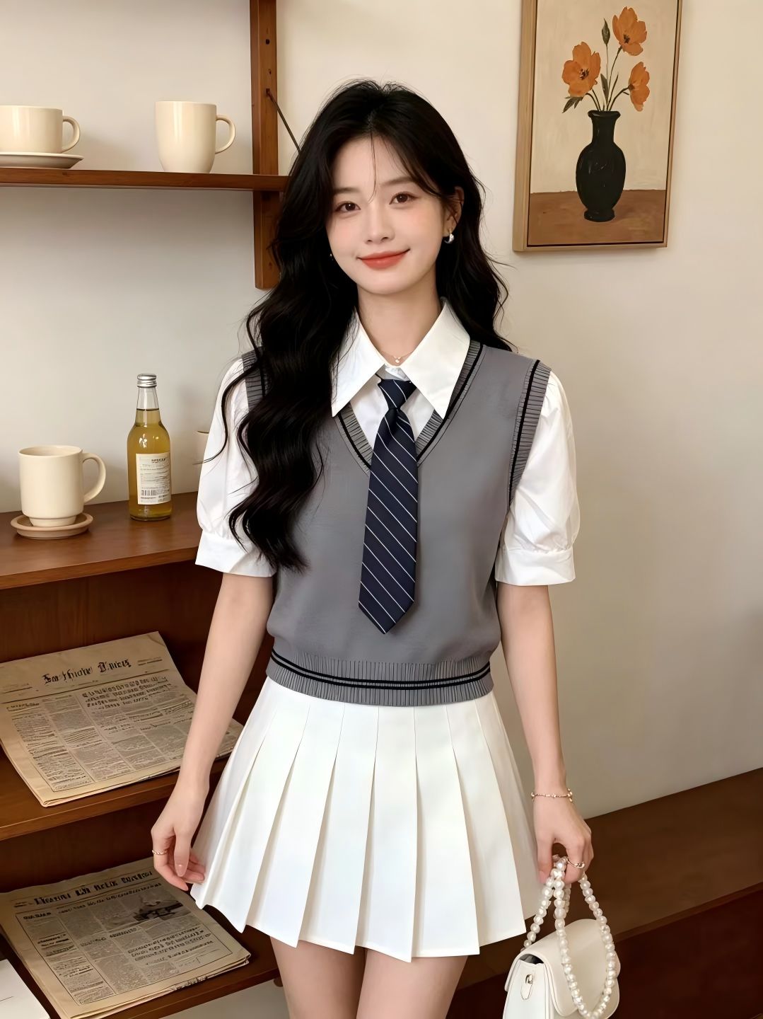 학원 스타일 셔츠 넥타이 나비 넥타이 패치워크 니트 페이크 레이어드 반팔 맨위