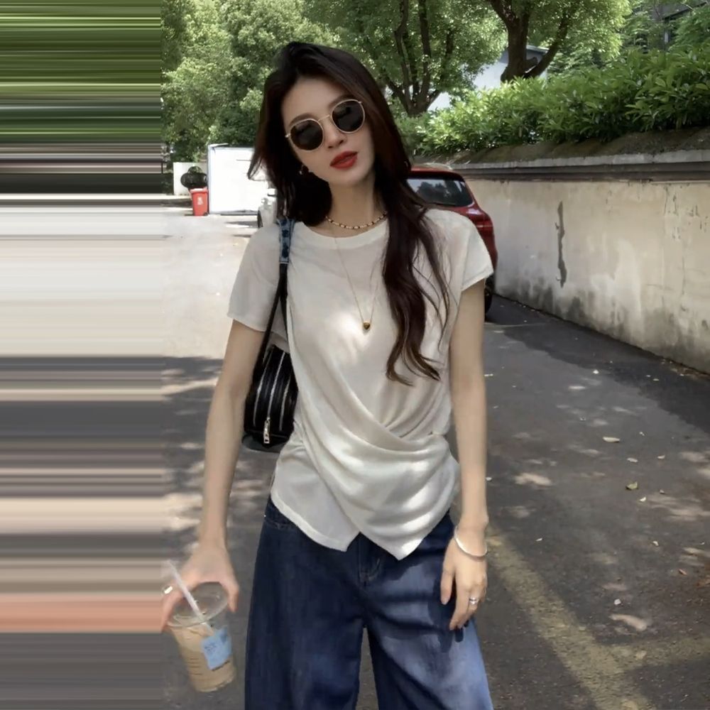 여름 라운드 지불 패션 여자 트렌드 니트 스웨터 다용도 루즈핏 새로운 외국 가스 반팔 허리 폴딩 디자인