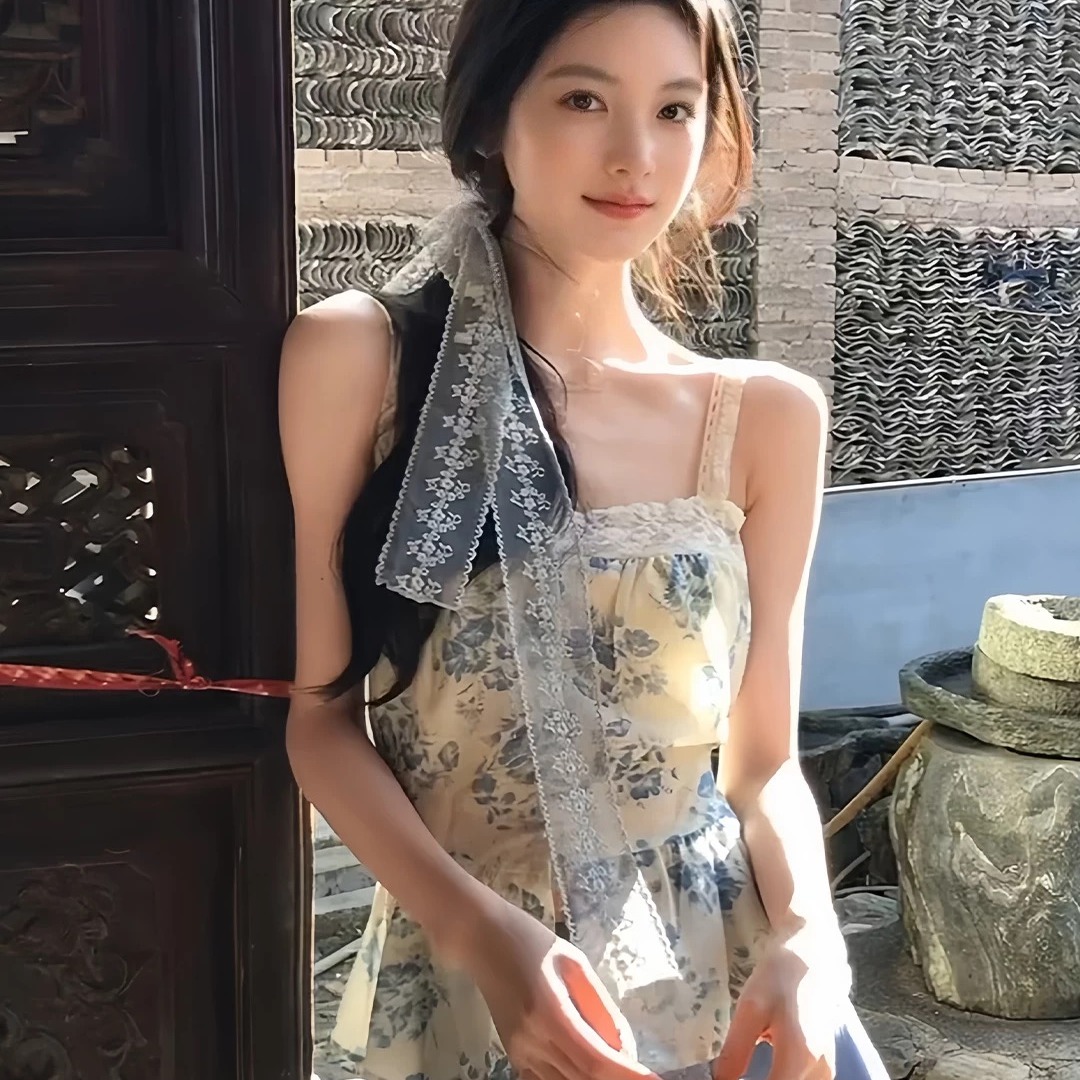 한 부서 꽃무늬 레이스 조각 캐미솔 여름 해변가 휴가 바람 허리 수축 슬림해 보이는 고유 한 아름다운 맨위