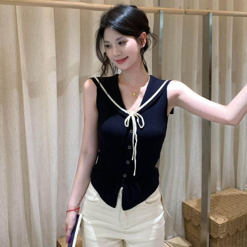 한 부서 해군 칼라 반팔 니트 스웨터 여성 여름 몸매 가꾸기 슬림해 보이는 패션 다용도 고유 한 아름다운 민소매 맨위