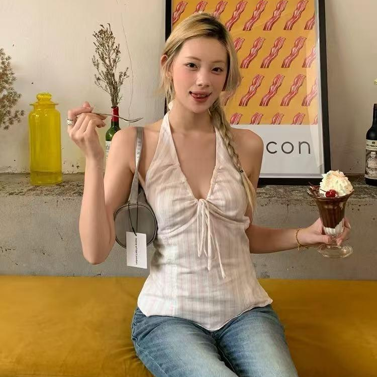 레트로 bm 바람 스트라이프 행침 목 캐미솔 여름 새로운 한 부서 chic 핫걸 섹시함 백리스 짧은 맨위