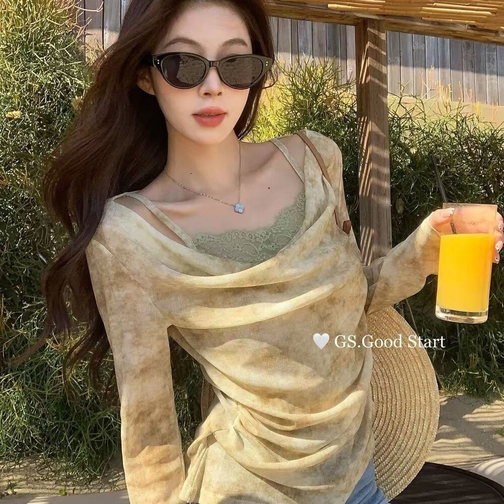 망사 싸움 레이스 레이스 조각 긴팔 흔들다 칼라 티셔츠 맨위 몸매 가꾸기 슬림해 보이는 품격 얇은 스타일