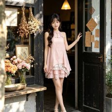 批发<b class='q'>夏</b>日浪漫时尚盘扣蕾丝无袖设计新中式时尚穿搭两件套