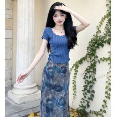 批发韩版氛围感套装女2026年夏季新款温柔风短袖针织衫半身裙两件套潮