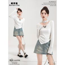 批发美式复古不规则镂空挂脖上衣女秋季新款2026立体蝴蝶修身<b class='q'>长袖</b><b class='q'>T</b><b class='q'>恤</b>