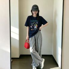 批发复古耳边格子<b class='q'>阔腿裤</b>女夏季春夏薄款高腰<b class='q'>显瘦</b>宽松休闲垂感九分<b class='q'>裤</b>子