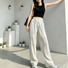 批发蓝色扎染镂空休闲阔腿裤女2026年秋季薄款<b class='q'>胖</b>mm<b class='q'>高腰</b>垂感凉凉山本裤