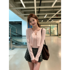批发韩系纯色长袖开衫女背心两件套