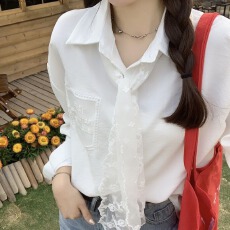 批发气质蕾丝领带长袖白色衬衫衬衣开衫上衣