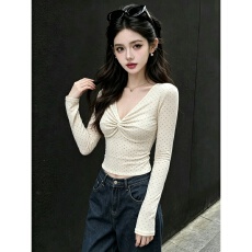 批发秋季修身显瘦扭结V领波点长袖T恤上衣女