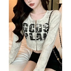 批发女印花长袖圆领拉链短款开衫