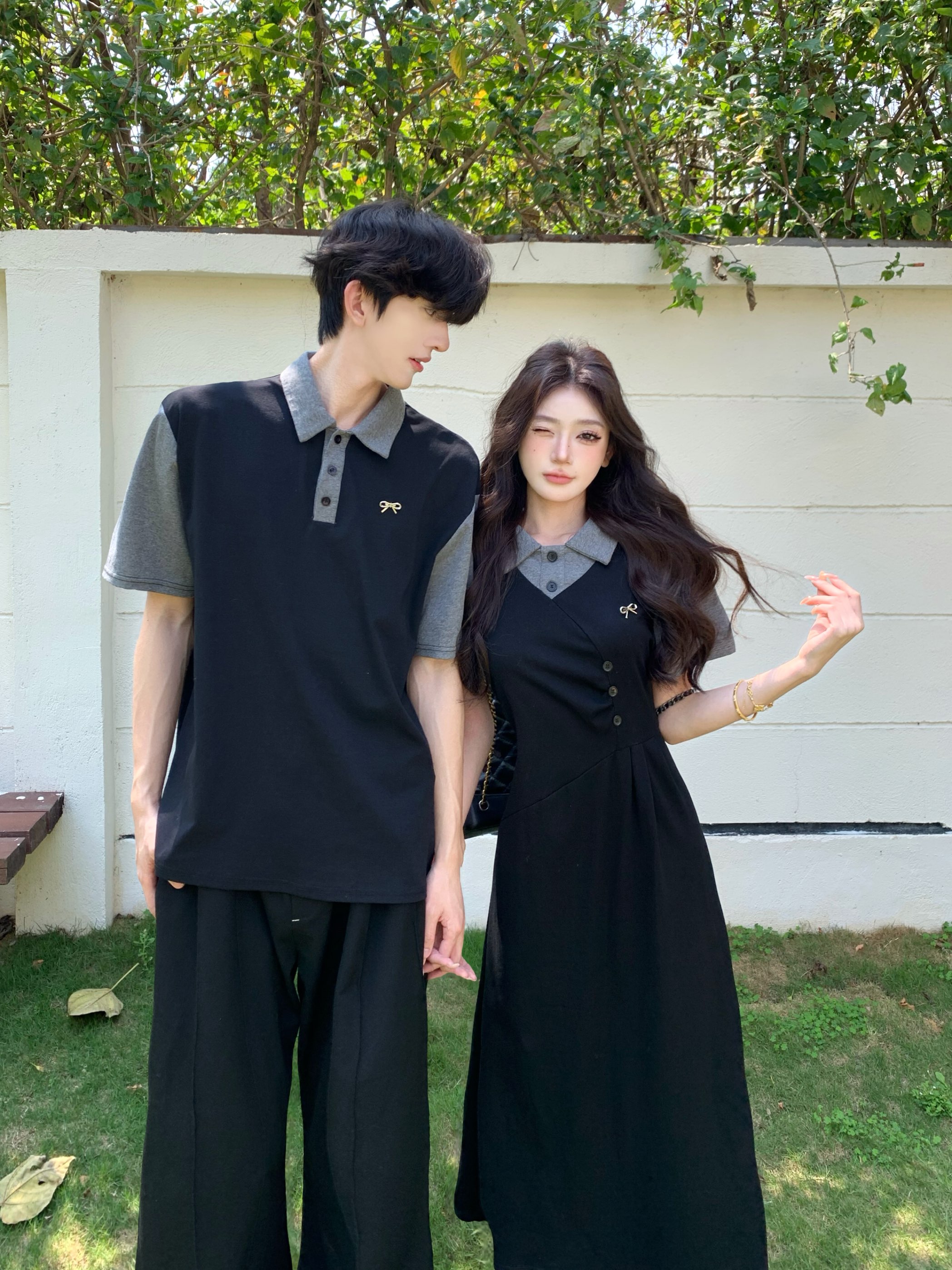 실사 여름 회색 패치워크 polo 디자인 센스 하나 의류 하나 치마 커플룩 한국 스타일 허리 수축 드레스