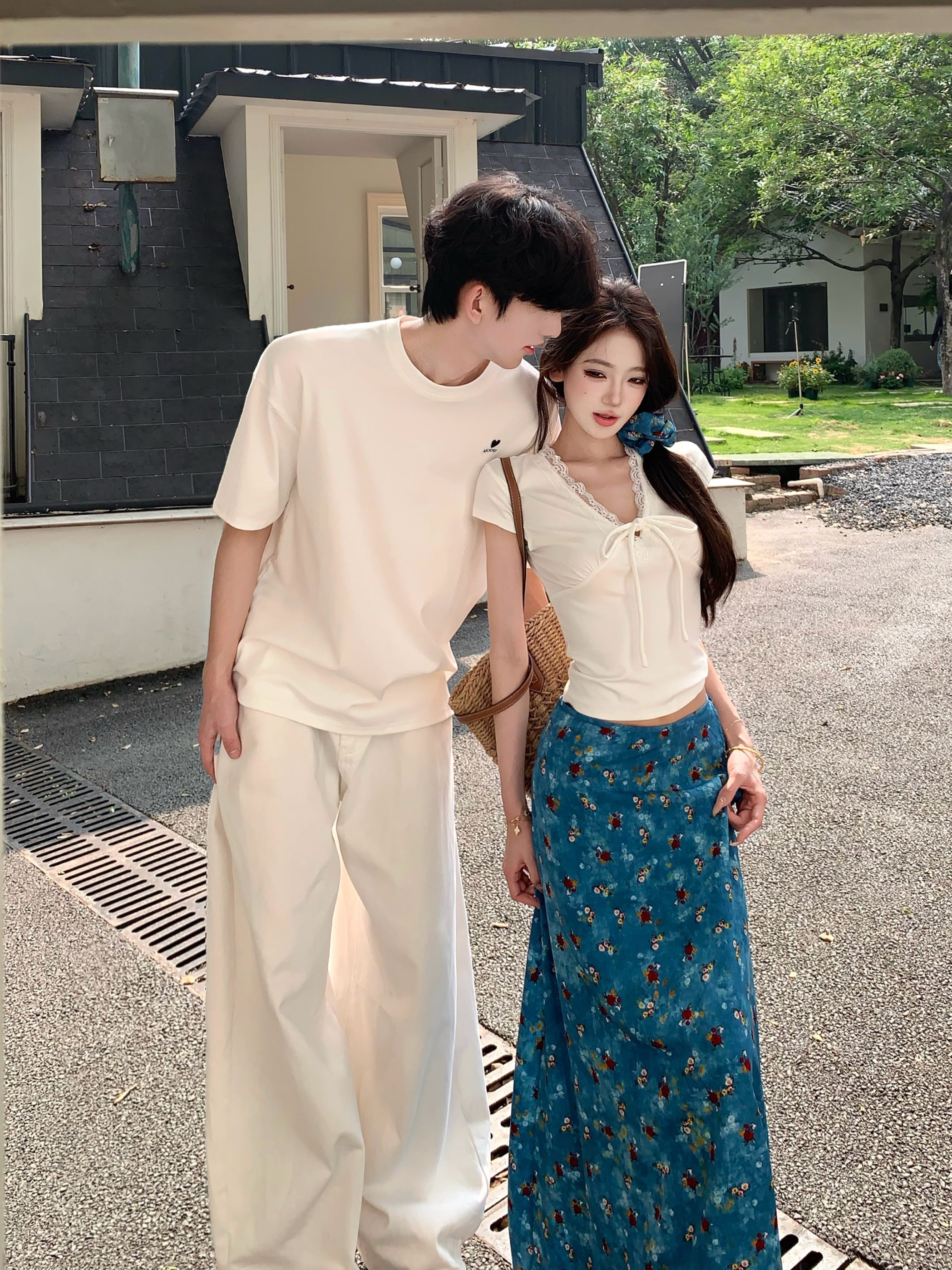 실사 ins 휴가 바람 디자인 센스 펌프 Pleat 커플룩 반팔
