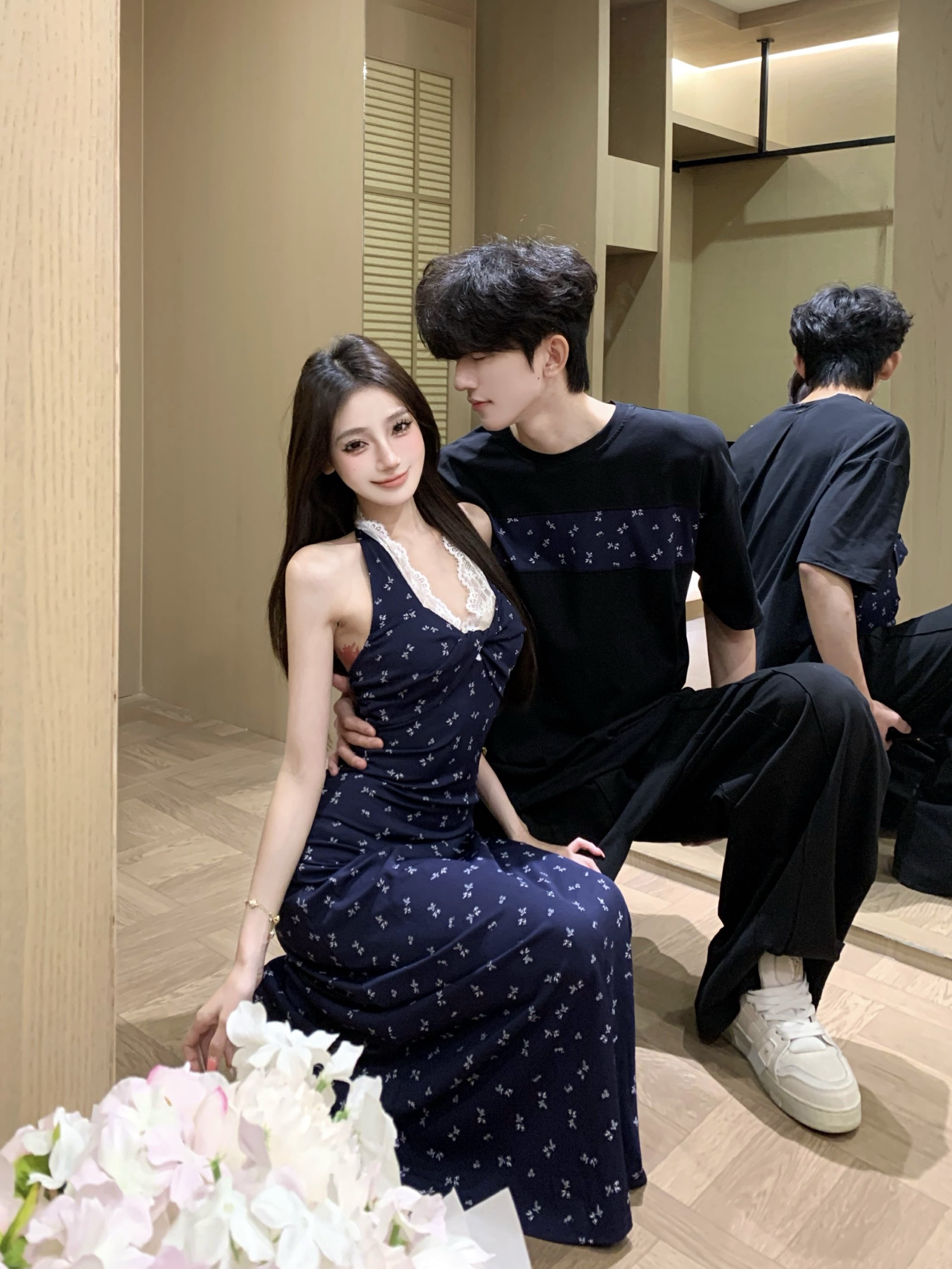 실사 여름 꽃무늬 레이스 디자인 센스 허리 수축 다용도 드레스 행침 목 커플룩 반팔