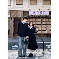 批发实拍 秋季设计感Polo假两件拼接<b class='q'>长袖</b>一衣一裙百搭情侣装
