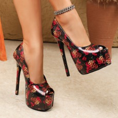 批发圆头露趾拼色16cm细超高跟时装女士凉鞋35-42