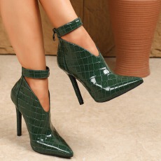 石头纹绿色拉链装饰尖头11cm性感细超高跟时装女靴子矮筒靴