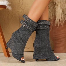 批发圆头露趾鱼嘴牛子布铆钉搭扣装饰拉链11cm性感细超高跟短靴