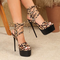 批发豹纹拼色绑带露趾防水台16cm<b class='q'>性感</b>优雅时尚女士超高跟凉鞋