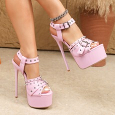 粉色铆钉装饰搭扣16cm性感细超高跟时尚百搭粉色女士凉鞋