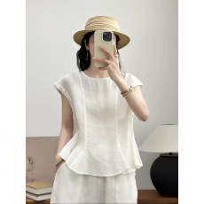 批发韩系洋气小裙摆圆领无袖小衫女夏季高端<b class='q'>亚麻</b>坎肩外穿马甲背心上衣