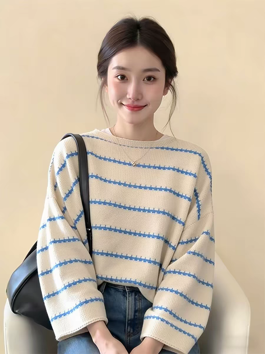 한 부서 느긋한 바람 베이지 색 스트라이프 풀오버 스웨터 여자 2026 이른 봄 새로운 루즈핏 다용도 니트 스웨터 맨위