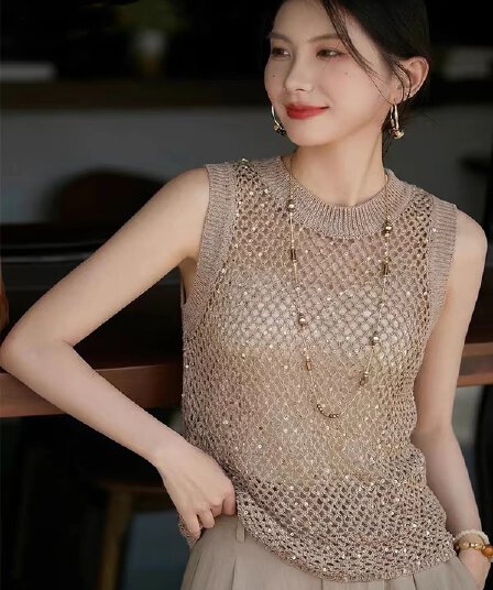 아마 품격 홀로우 아웃 민소매 니트 티셔츠 여성 의류 여름 라운드 넥 풀오버 몸매 가꾸기 루즈핏 짜임 맨위