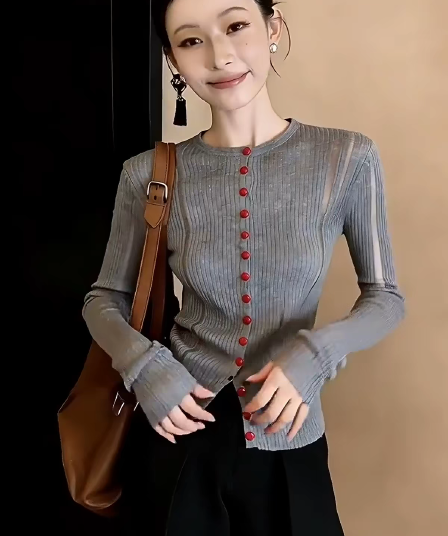 한 부서 회색 라운드 넥 긴팔 니트 오픈 가디건 여성 봄 가을 새로운 고급 센스 몸매 가꾸기 슬림해 보이는 긍정적 인 어깨 품격 맨위