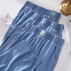 批发实拍大码180斤冰丝牛仔休闲裤女装夏季潮牌薄款宽松垂感阔腿裤子