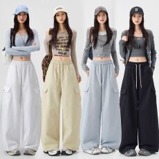 批发美式阔腿工装裤女2026春夏新款高腰设计感宽松休闲直筒垂感长裤子