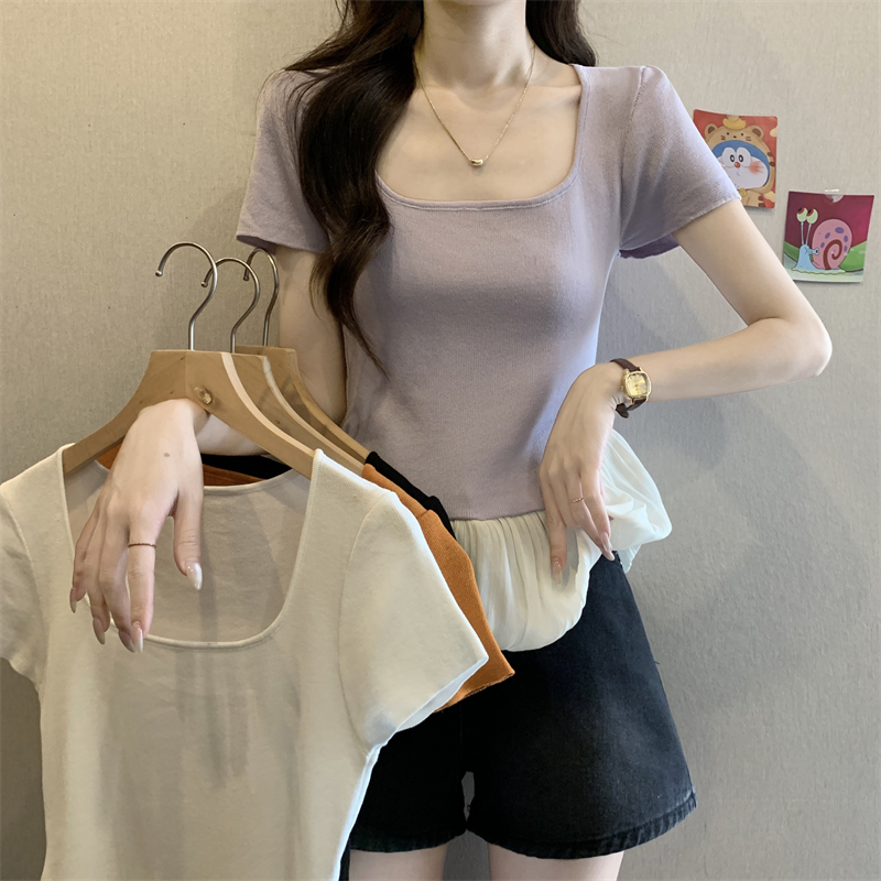 정가 실사 새로운 프랑스식 프릴 패치워크 슬림해 보이는 라운드 넥 반팔 티셔츠