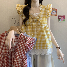 批发<b class='q'>实拍</b>实价 甜美蕾丝拼接飞飞袖格子<b class='q'>衬衫</b>女设计感系带花边领上衣