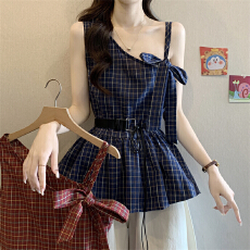 批发实拍实价 夏季新款韩版格纹斜肩格子背心吊带女收腰显瘦花苞下摆