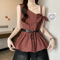 批发实拍实价 夏季新款韩版格纹斜肩格子背心吊带女收腰显瘦花苞下摆