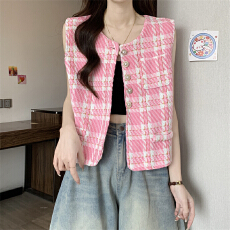 实拍实价 新款格子马甲名媛气质坎肩短款马夹背心➕纯色吊带背心