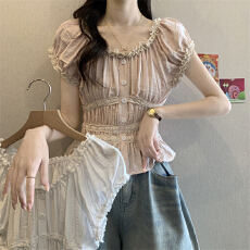 批发实拍实价 甜美风法式花边短袖减龄chic单排扣别致上衣