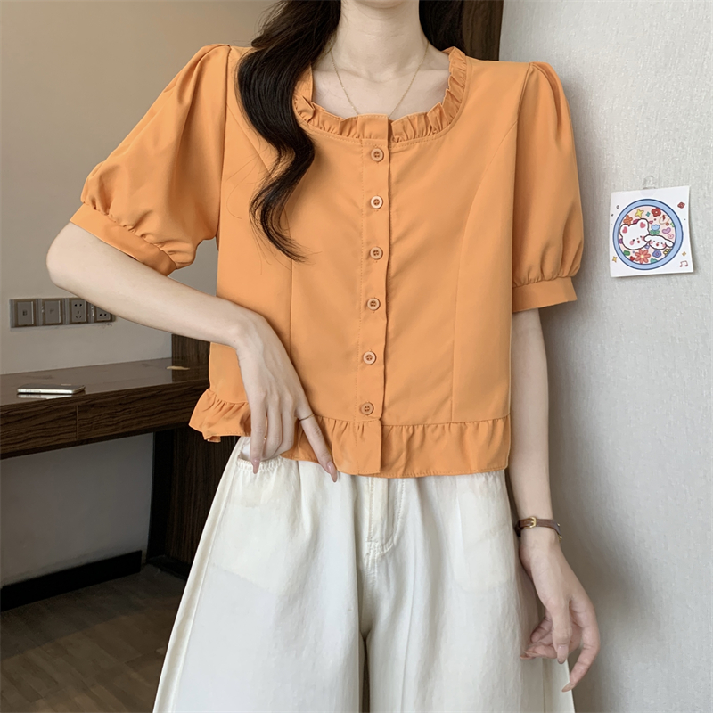 실사 정가 여름 프랑스식 쇼트 스타일 거품 소매 광장 칼라 반팔 여성 셔츠 슬림해 보이는 맨위