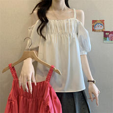 批发实拍实价 夏季吊带上衣女<b class='q'>短袖</b>设计感法式<b class='q'>衬衫</b>一字肩别致露肩小衫