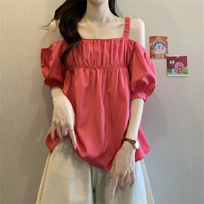 批发实拍实价 夏季吊带上衣女<b class='q'>短袖</b>设计感法式<b class='q'>衬衫</b>一字肩别致露肩小衫