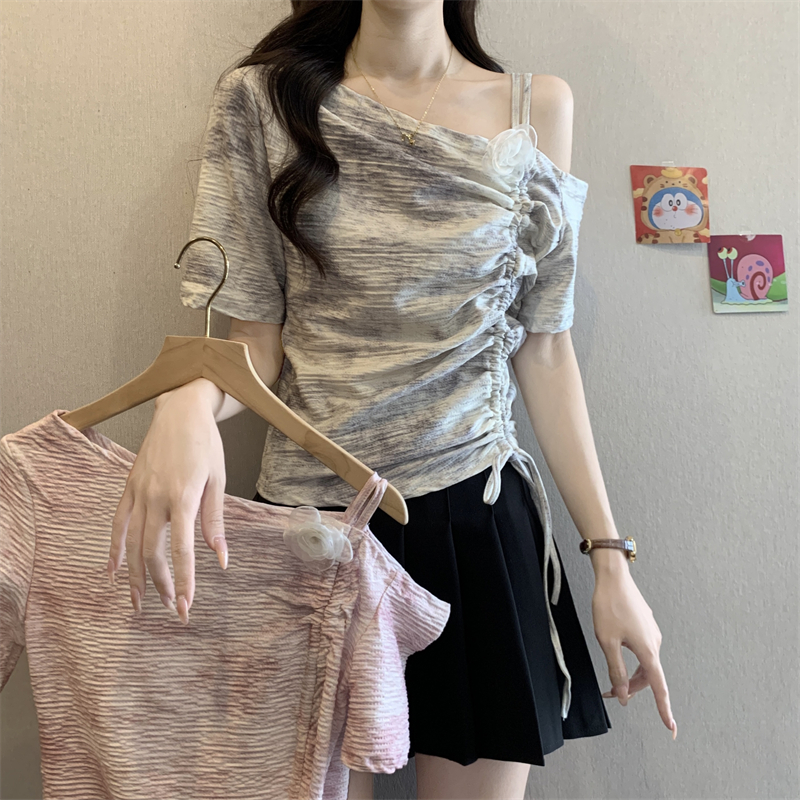 FA34006# 夏季纯欲露肩设计感晕染抽绳不规则短袖T恤上衣 服裝批發女裝批發服飾貨源