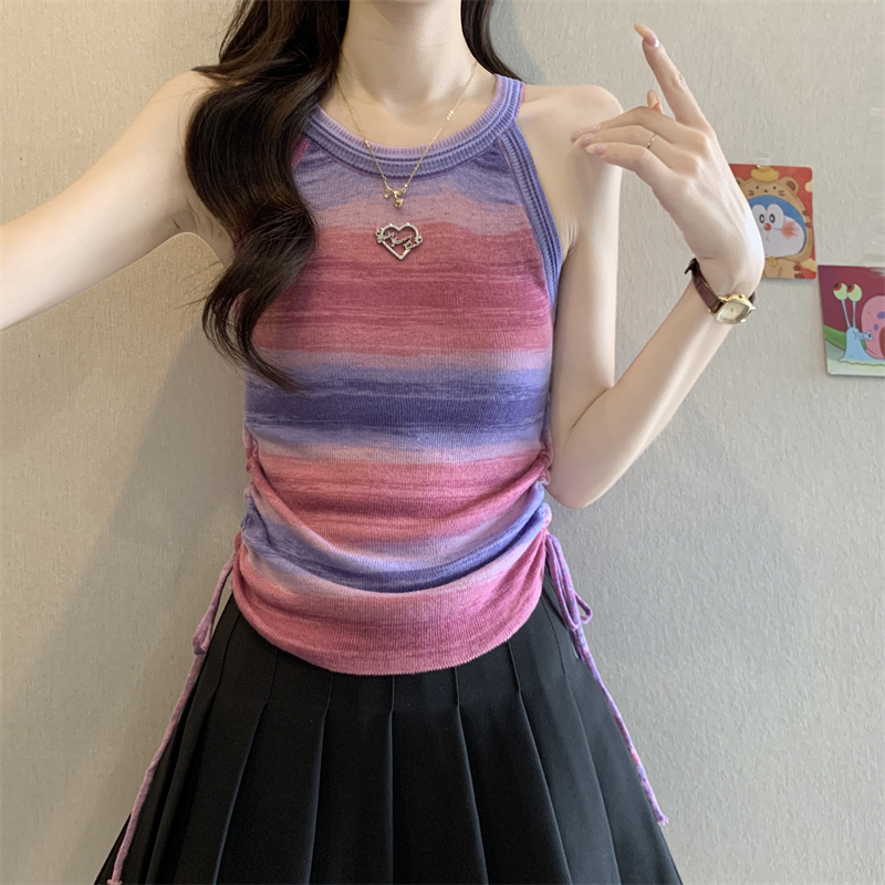 FA35641# 多巴胺穿搭彩虹条纹双侧抽绳针织挂脖无袖吊带背心女 服裝批發女裝批發服飾貨源