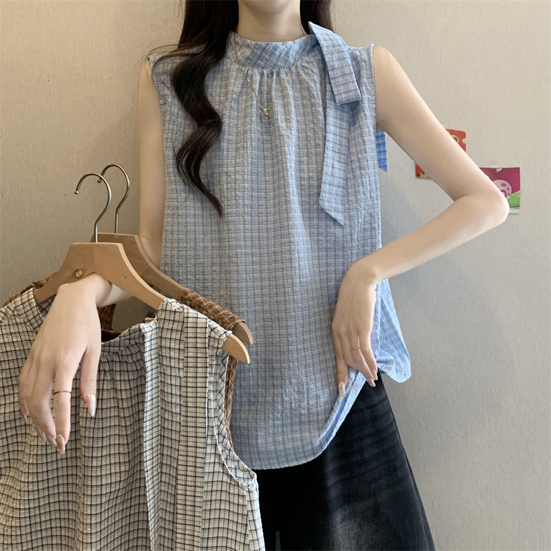 실사 정가 여름 새로운 달콤함 디자인 센스 리본 칼라 체크무늬 슬림해 보이는 민소매 셔츠 여성 셔츠