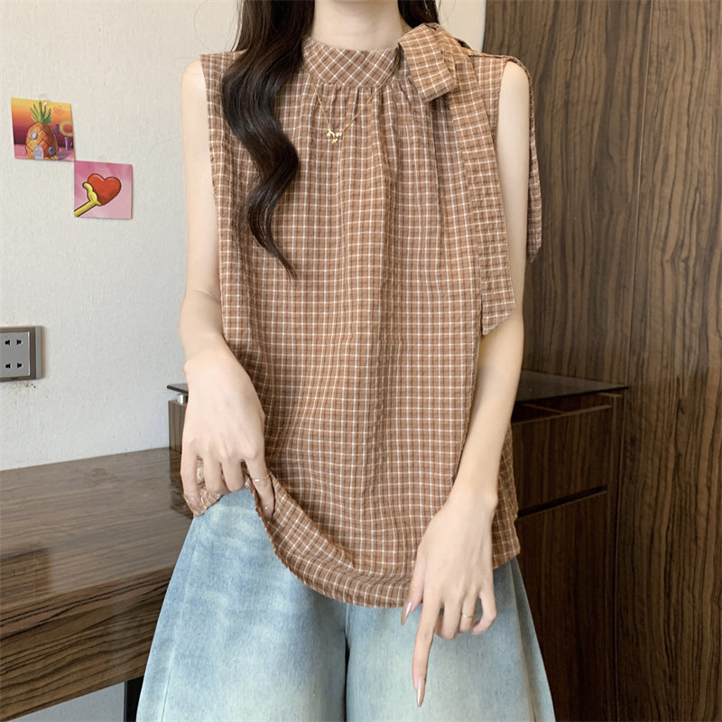 실사 정가 여름 새로운 달콤함 디자인 센스 리본 칼라 체크무늬 슬림해 보이는 민소매 셔츠 여성 셔츠