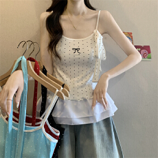 批发实拍实价 辣妹挂脖飘带波点吊带背心女荷叶边拼接褶皱裙摆上衣