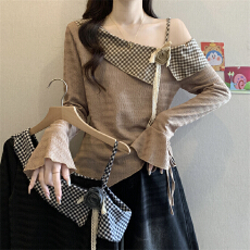 批发实拍实价 新款<b class='q'>韩版</b>chic甜美温柔风气质斜肩抽绳不规则上衣