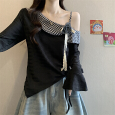 批发实拍实价 新款<b class='q'>韩版</b>chic甜美温柔风气质斜肩抽绳不规则上衣