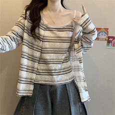 批发实拍实价 新款<b class='q'>设计</b>感条纹薄款长袖外套女内搭圆领背心上衣两件套