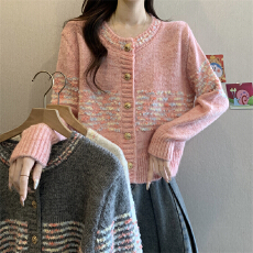 批发实拍实价 新款设计感拼色彩色条纹毛衣女宽松圆领针织<b class='q'>开衫</b>上衣