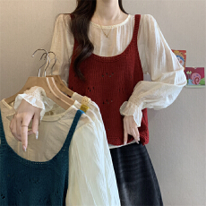 批发实拍实价 新款甜美镂空波浪边针织背心叠穿马甲搭配圆领衬衫上衣